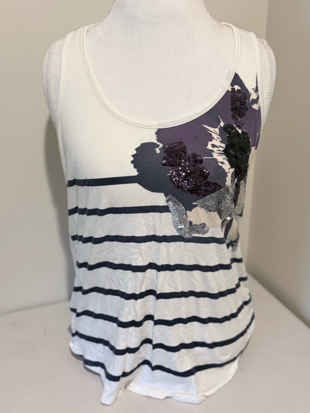 Express White Striped Tank with Navy Stripes and Purple Sequin Floral
